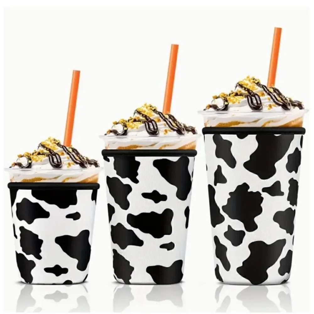 NEW! Trendy Neoprene Set of Three Iced Coffee Cow Print Drink Sleeve Starbucks